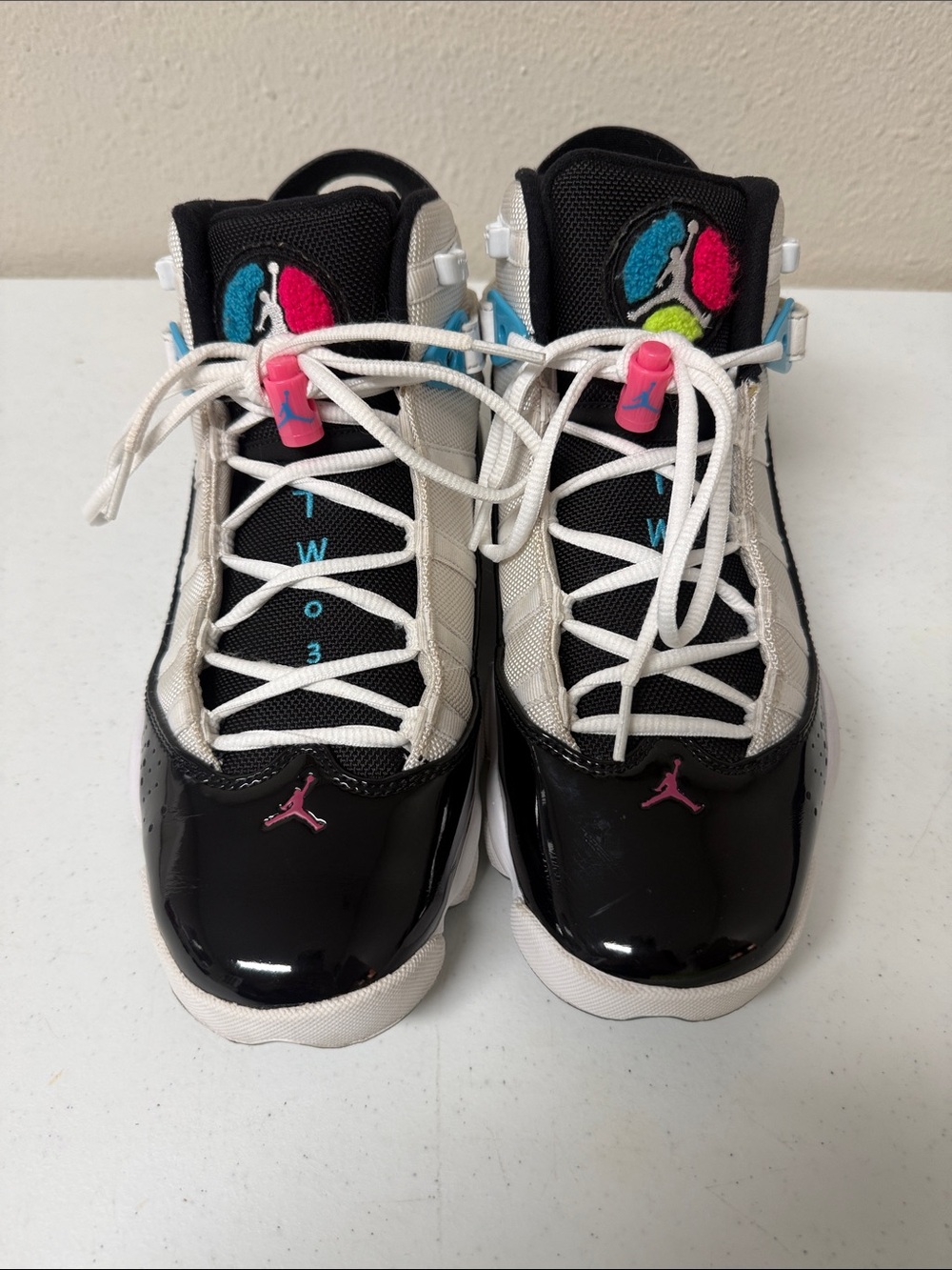 Jordan women Black White Teal Pink Lime Accent Sneakers